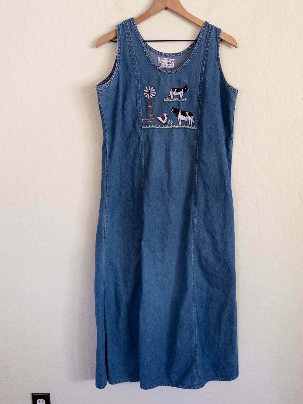 Vintage 90s Carrie Allen Denim Farm Embroidered Sleeveless Maxi Dress Small Cow